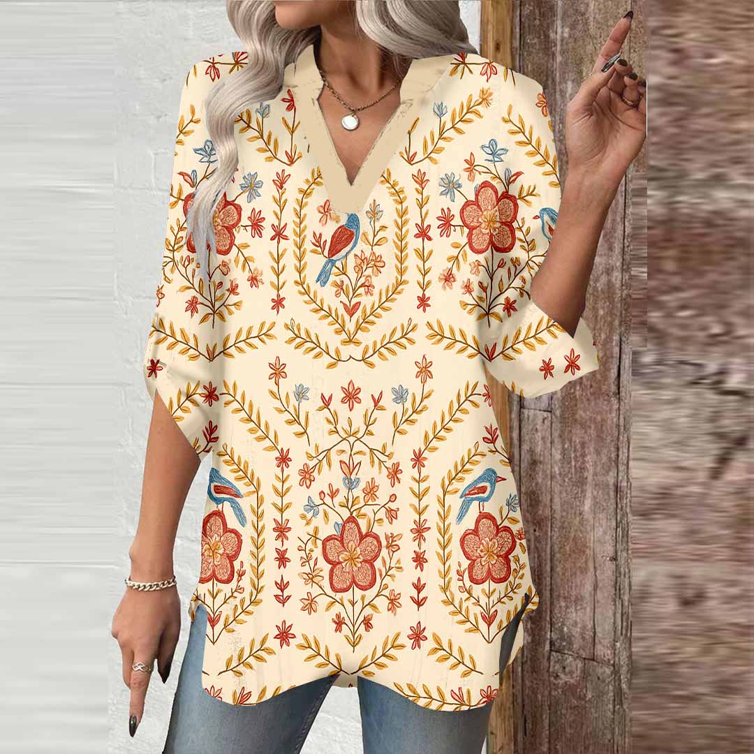 Women Bohemian, Orange DZGA0090 3/4 Sleeve V-neck Printed Graphic Button Tops