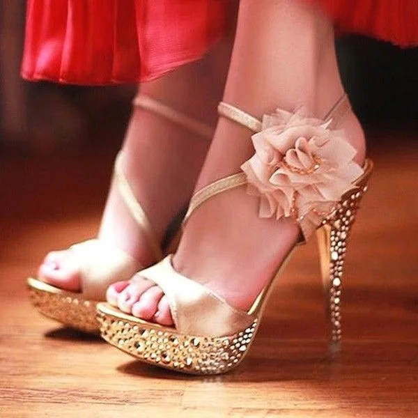 Champagne Rhinestone Floral Stiletto Heels Platform Sandals for Ball |FSJ Shoes