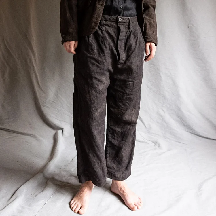Men's Naturally Dyed Buttoned Dark Brown Linen Trousers