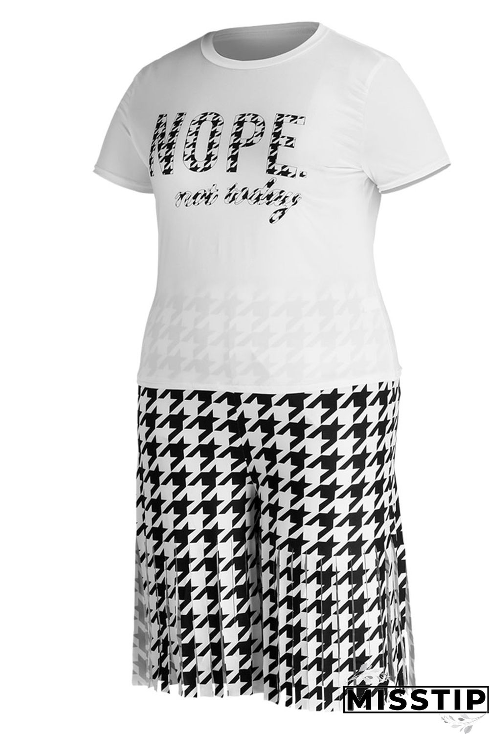 Black White Casual Street Print Tassel Patchwork O Neck Plus Size Two Pieces
