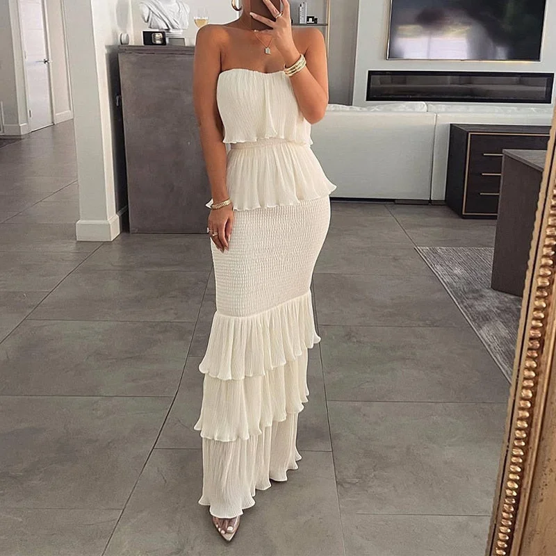 Huibahe Pleated Cascading Ruffles Women Elegant Party Dresses Sexy Tube Top Slim Bodycon Long Dress New Solid Color Lady Dresses