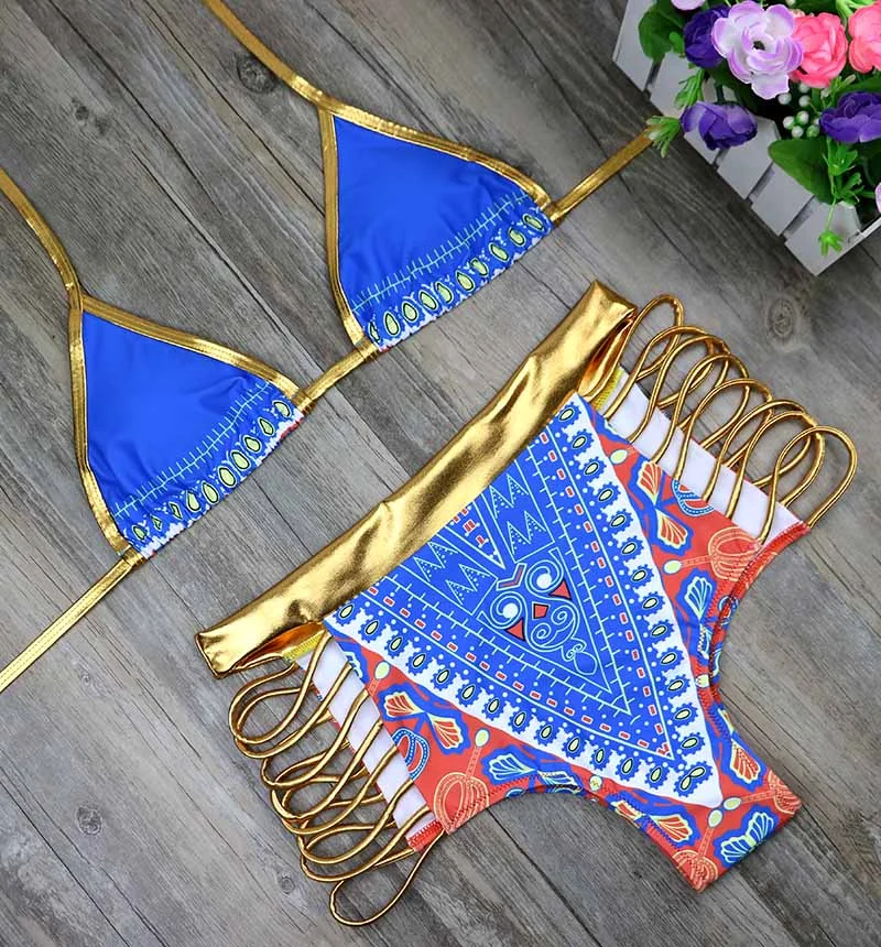 2021 New African Print Two-Pieces Bath Suits Bikini Set Sexy Geometric Swimwear Swimsuit Gold High Waist Swimming Suit
