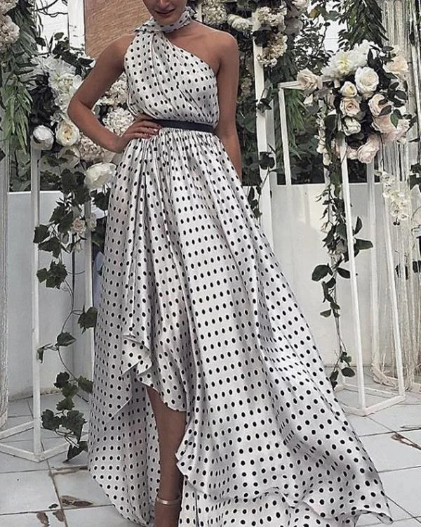 Polka Dot Maxi Dresses White One Shoulder Sash Sleeveless Irregular Hem Party Dress