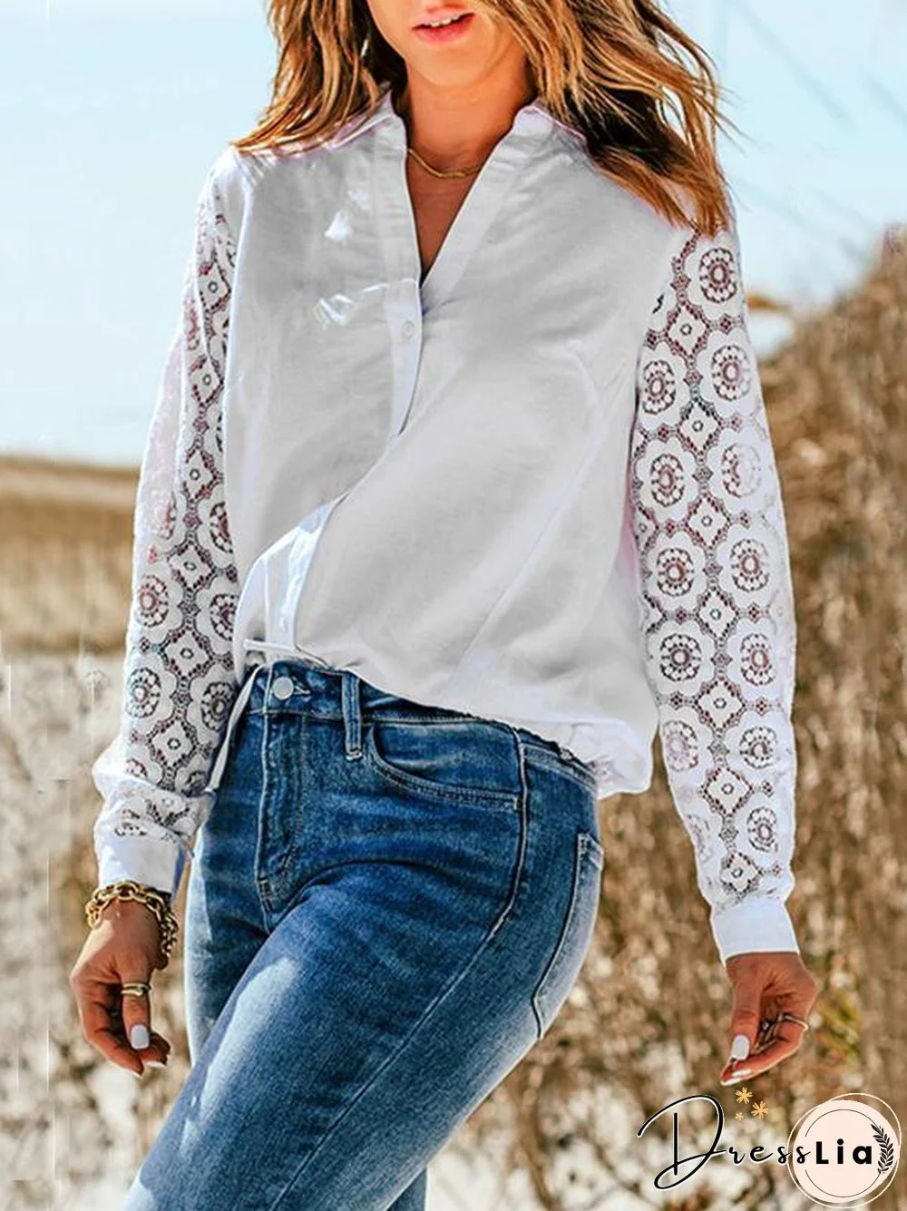 Lace Crochet Sleeve Splice Button Collared Shirt