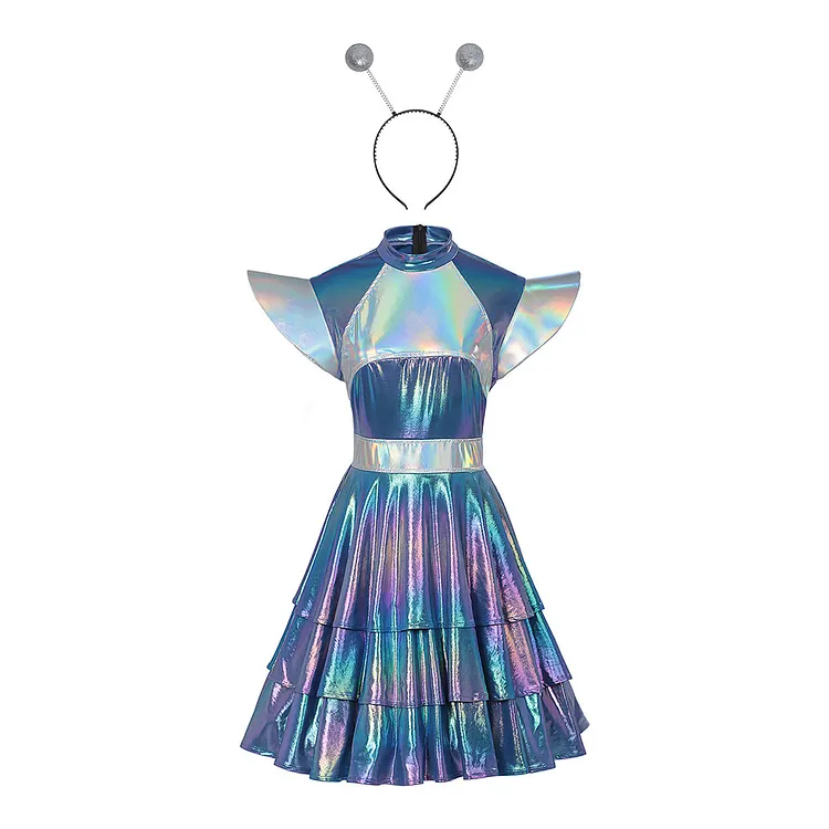 Adult Women Alien Blue Holographic Dress Headband Outfits Dress Costume Halloween Carnival Party Suit