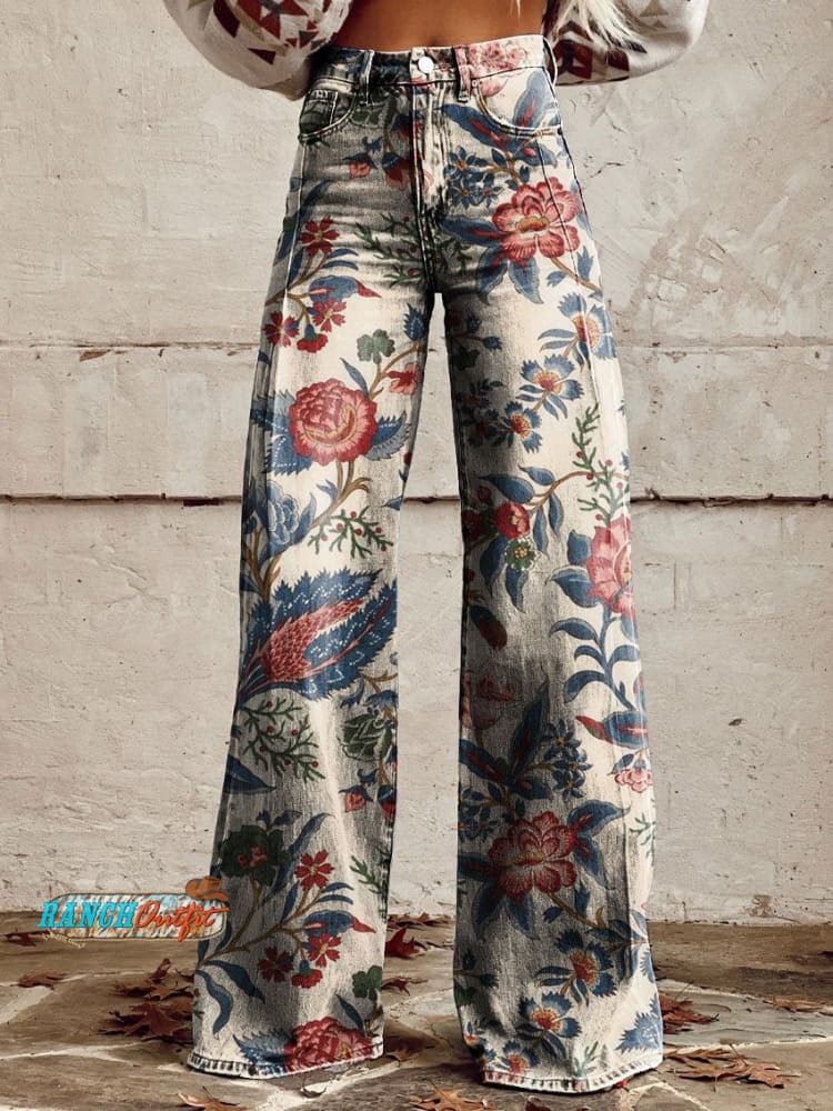 Women’s Vintage Print Casual Wide Leg Pants Multicolor / S
