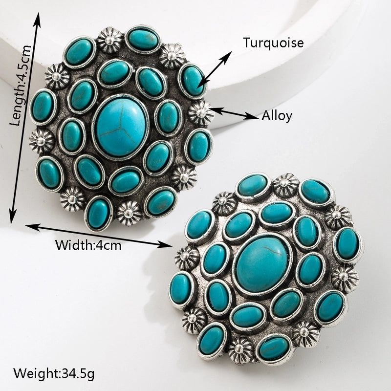 1 Pair Casual Vacation Geometric Round Inlay 304 Stainless Steel Turquoise Silver Plated Drop Earrings