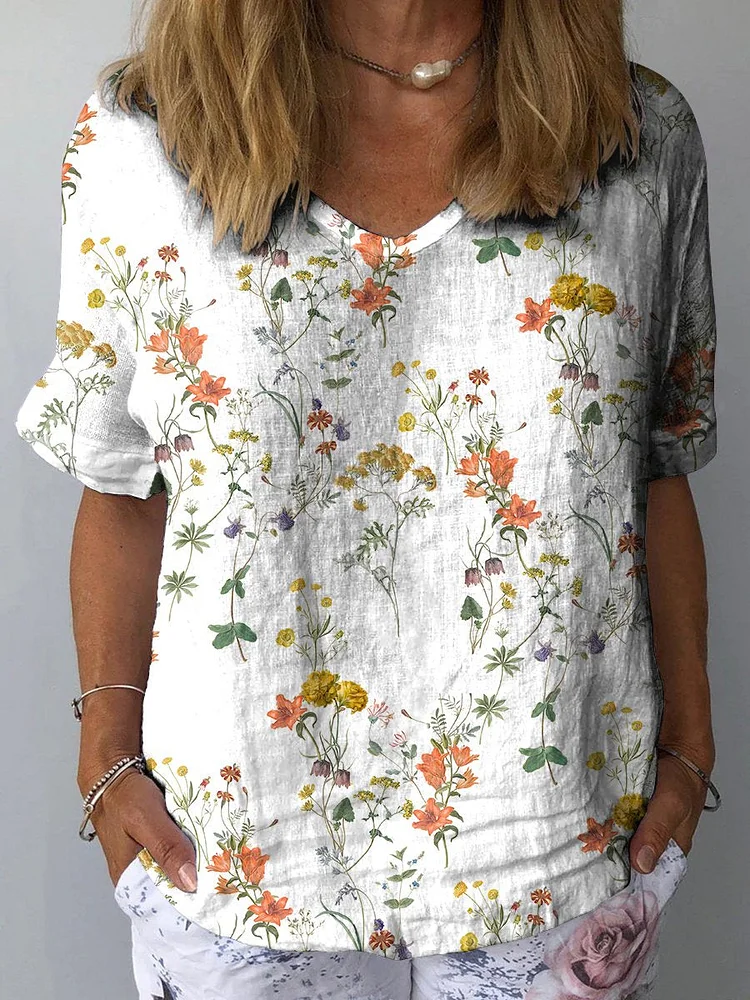Women's Vintage Floral Art Print Casual Cotton And Linen Shirt