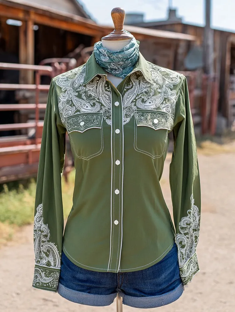 Women's Vintage Paisley Print Western Long Sleeve Double Pocket Shirt 