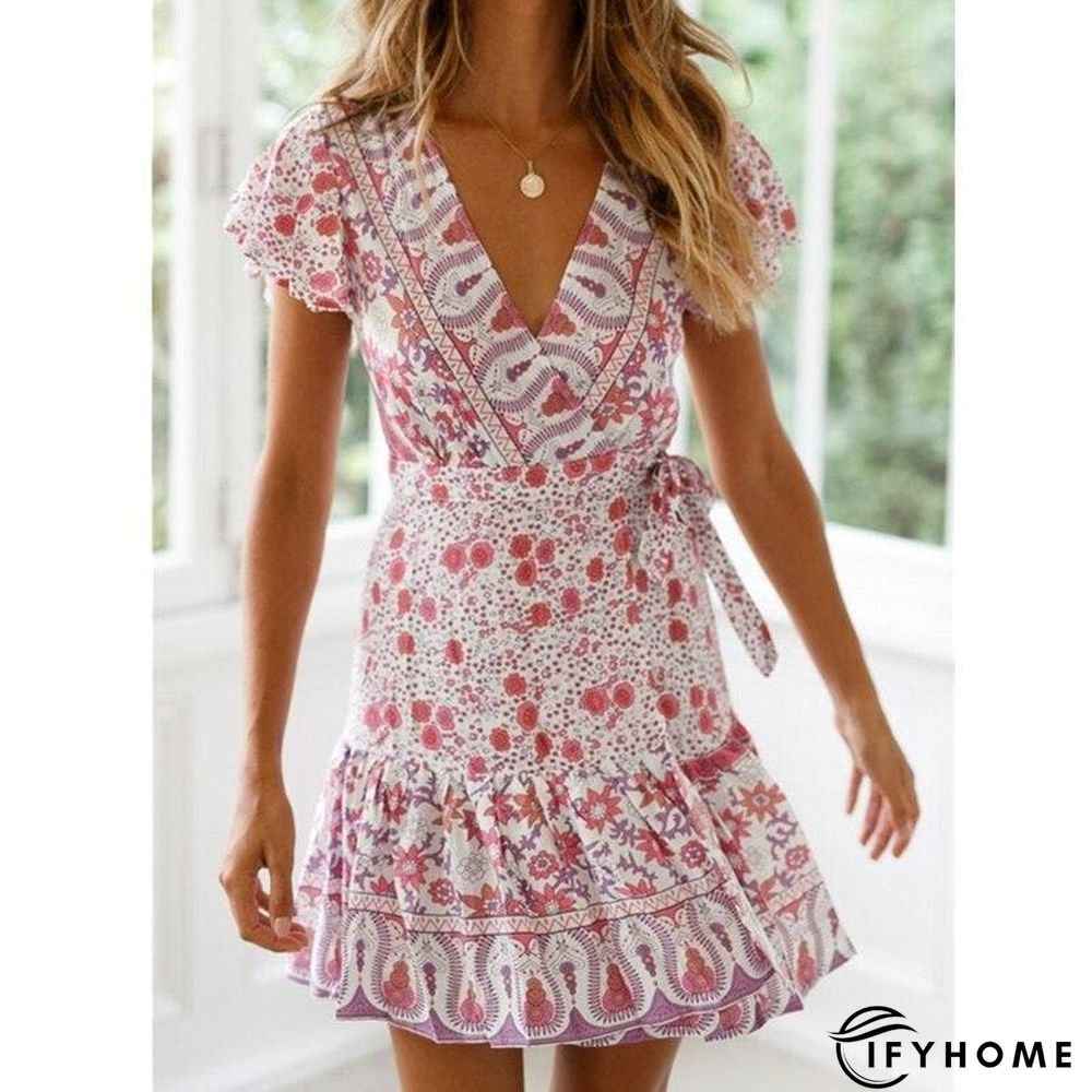Vintage Women Short Sleeve Wrap Boho Floral Mini Dress Ladies Summer Sundress Holiday V neck Short Sleeve Print Dress | IFYHOME