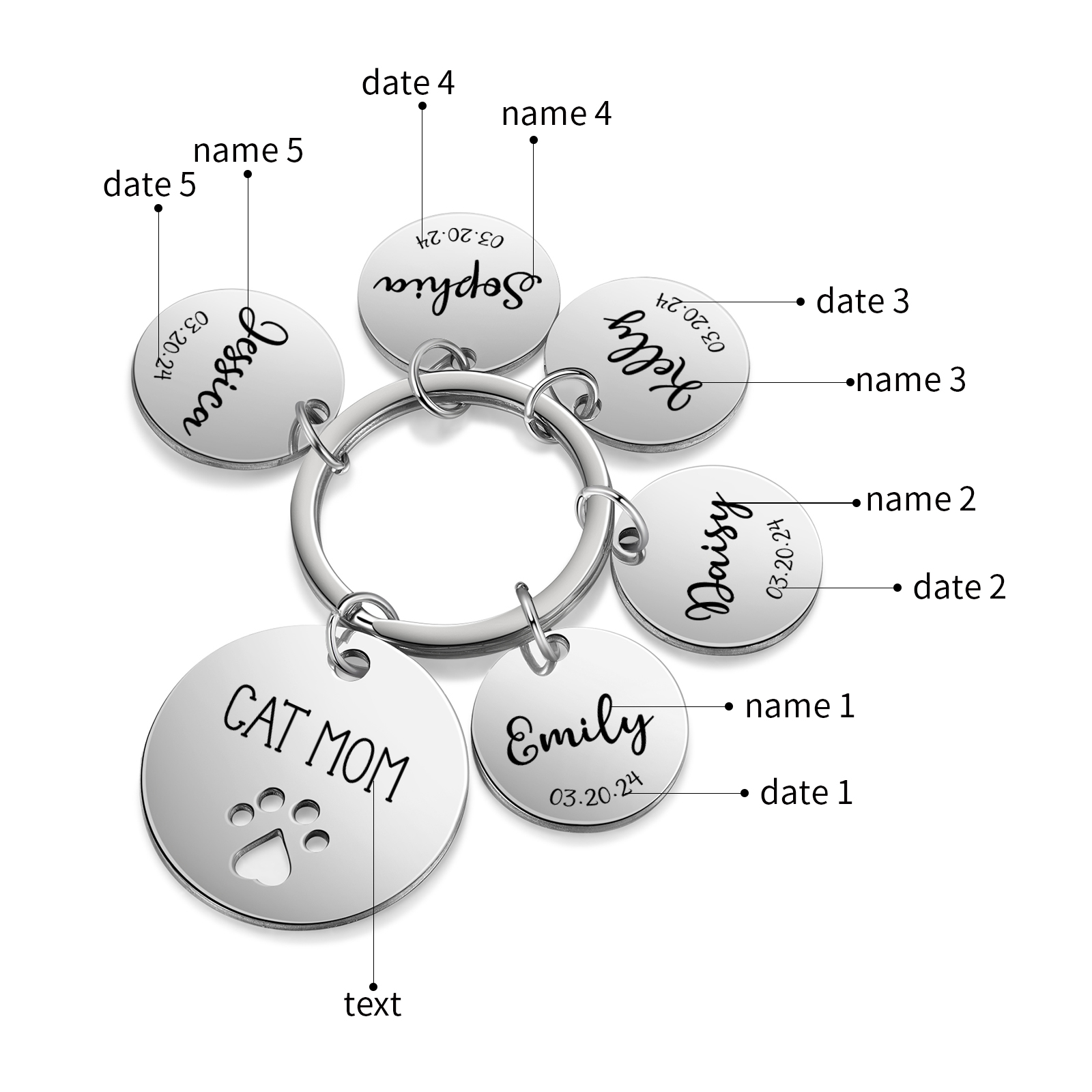 Personalised 5 Names & 5 Dates & 1 Text Keychain Cat Paw Circle Charm Keychain Gifts for Mother/Grandma-Jessemade AU