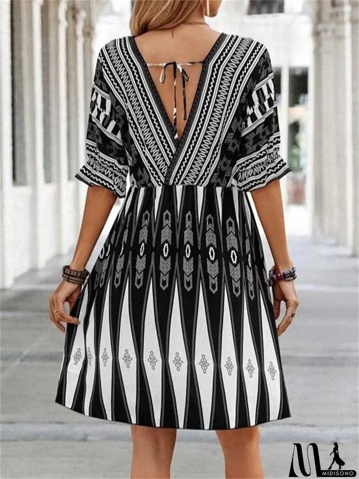 MidiSono - Retro Bohemian V Neck Printed Half Sleeve Trendy Dress for Lady
