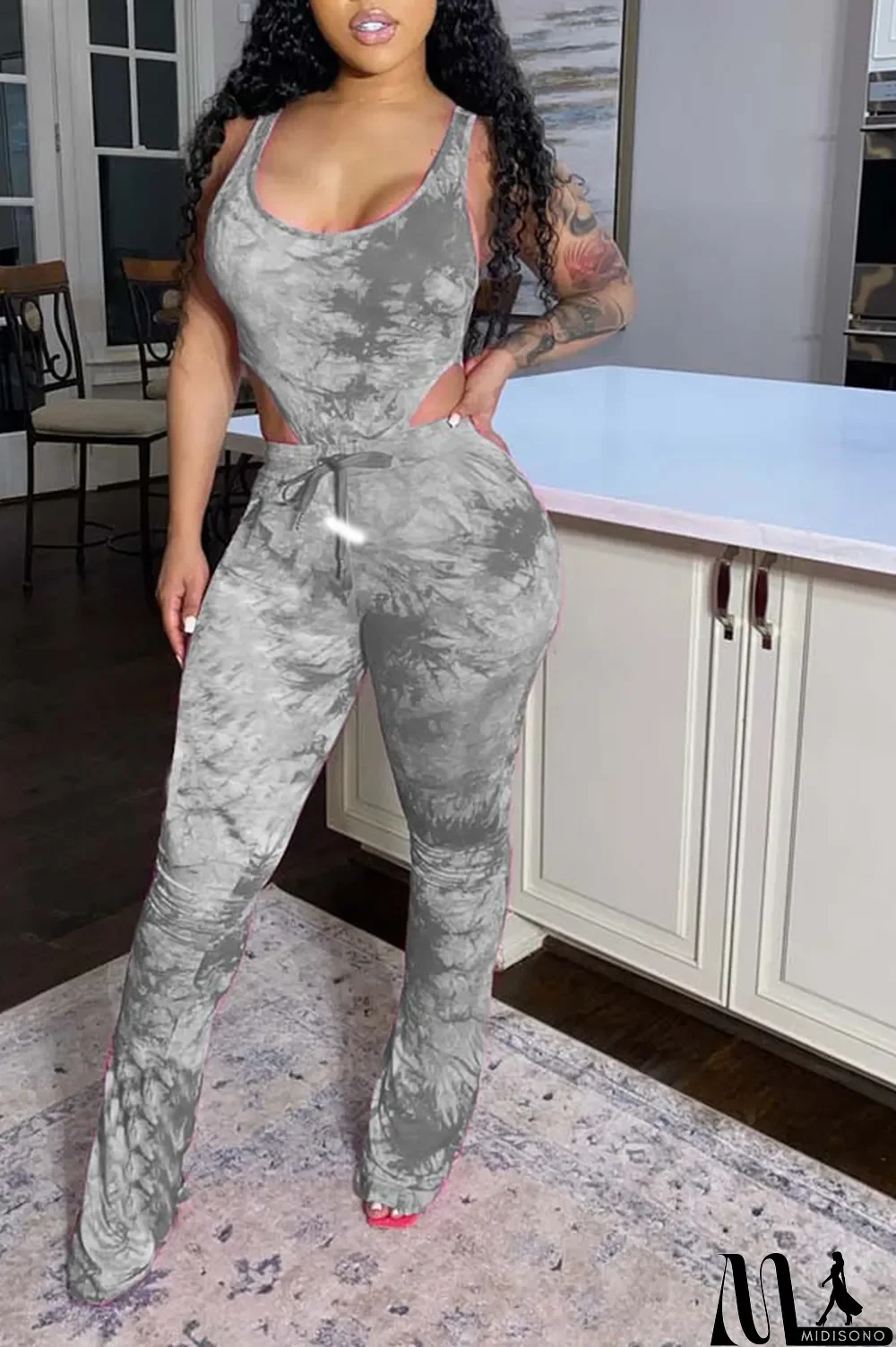 MidiSono - Grey Cotton Blends Casual Print Tie Dye Boot Cut Sleeveless Two Pieces