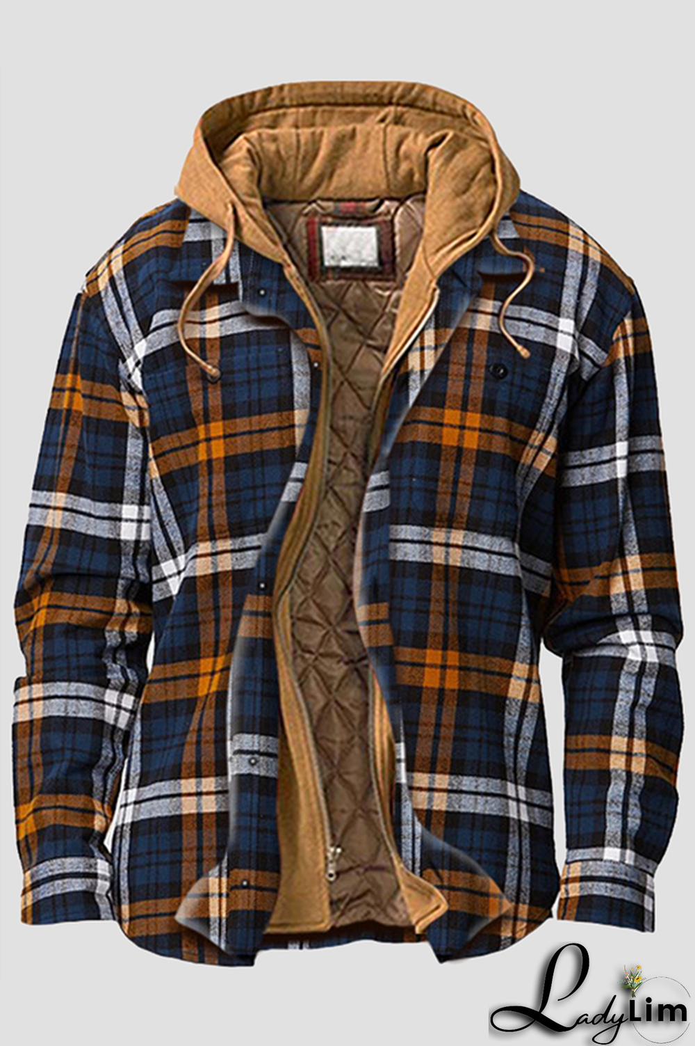 Brown Casual Plaid Draw String Zipper Hooded Collar Outerwear