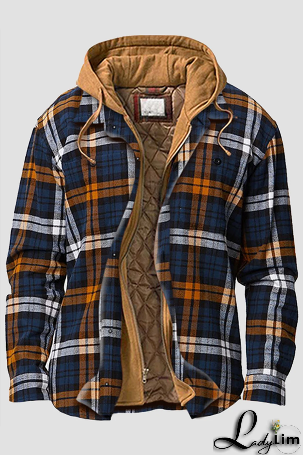 Brown Casual Plaid Draw String Zipper Hooded Collar Outerwear