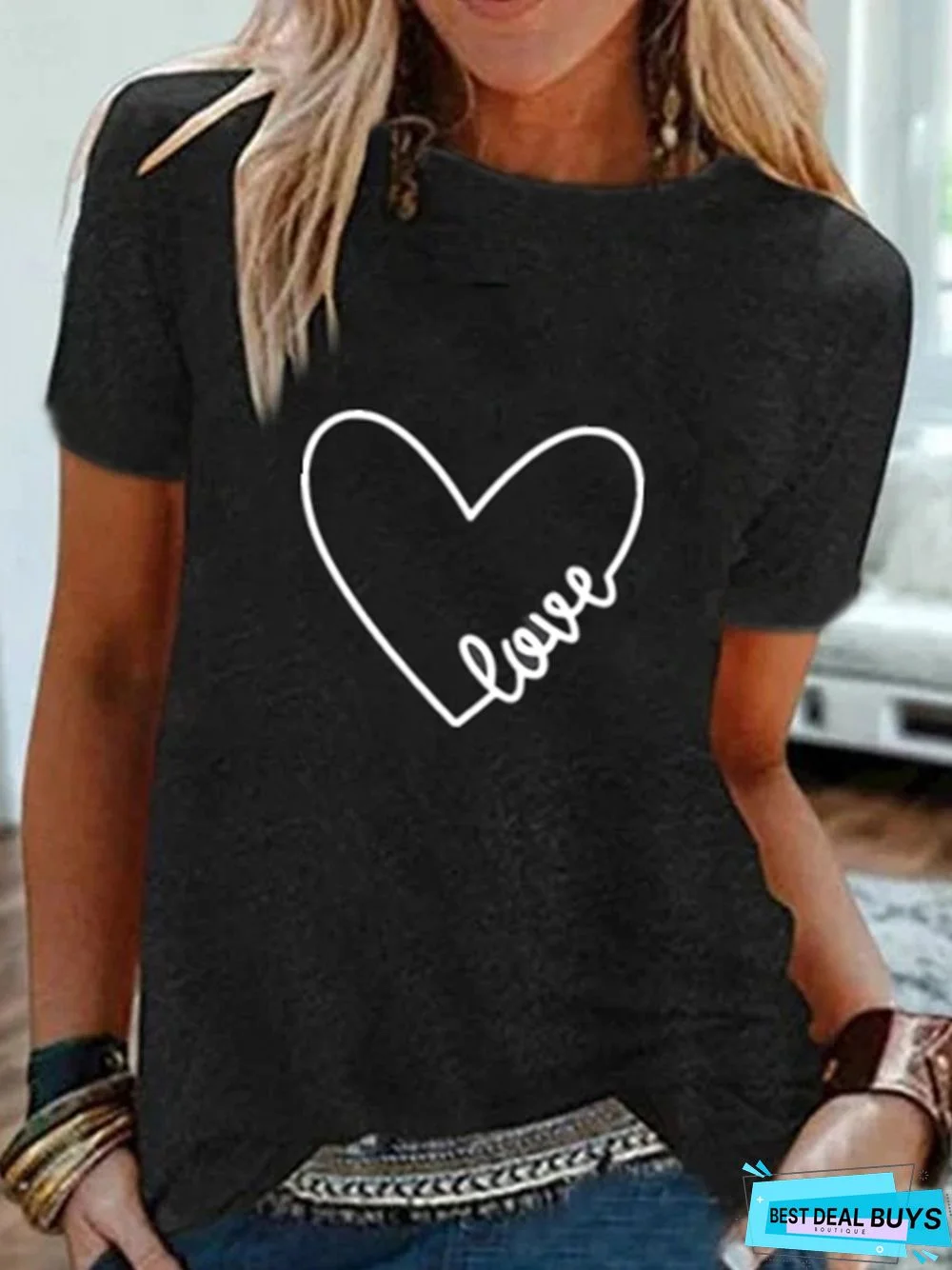 Vintage Short Sleeve Statement Love Letter Printed Crew Neck Casual Tops Valentine's Day Top