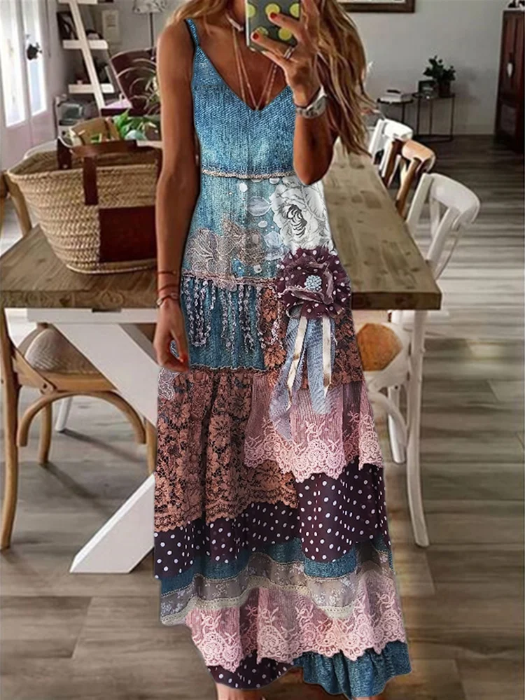 Comstylish Vintage Floral Lace Denim Layered Maxi Dress