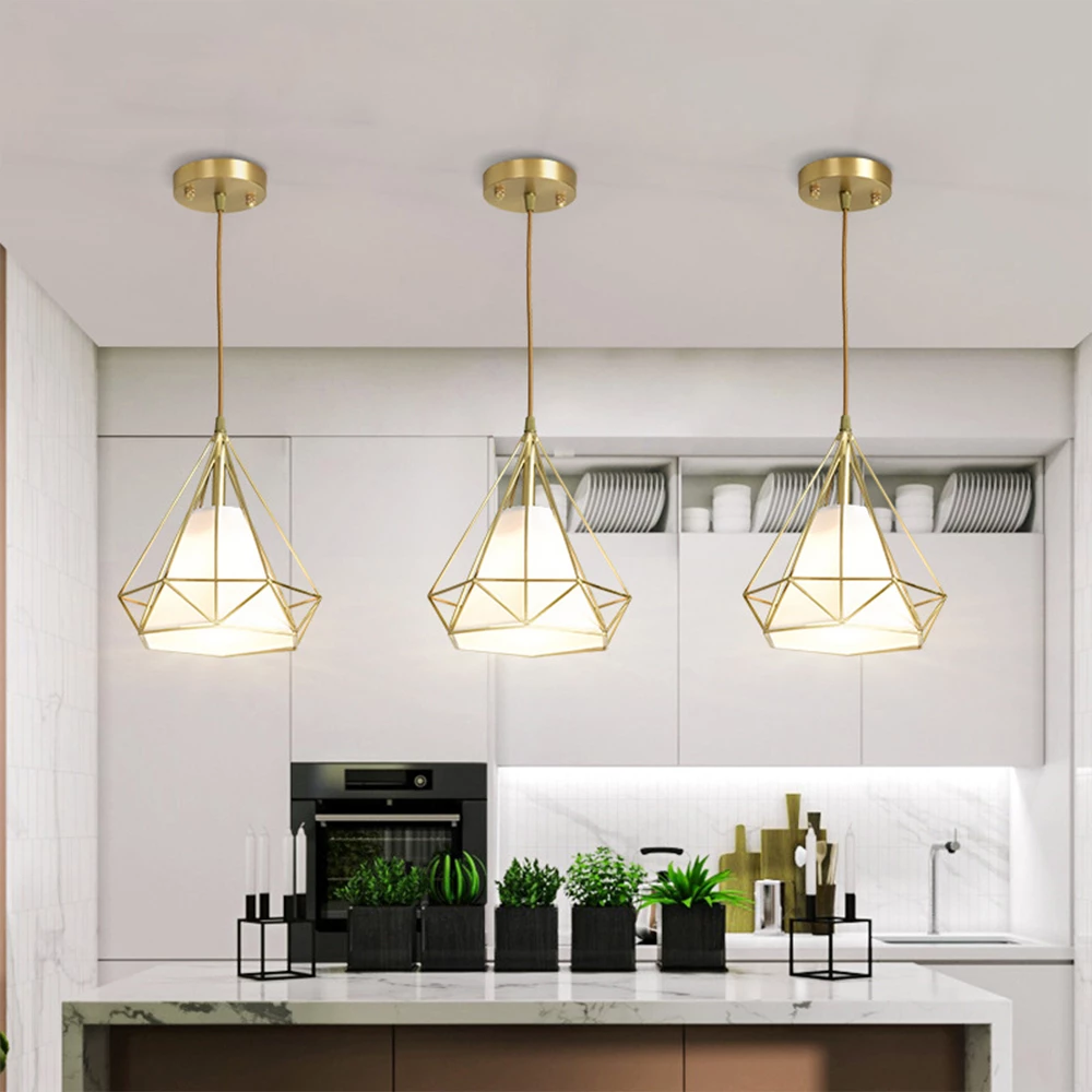 Diamond Pyramid Pendent Lamp Light Hanging Lamps Modern Nordic Creative E27 Copper LED Restaurant Bar Single Head