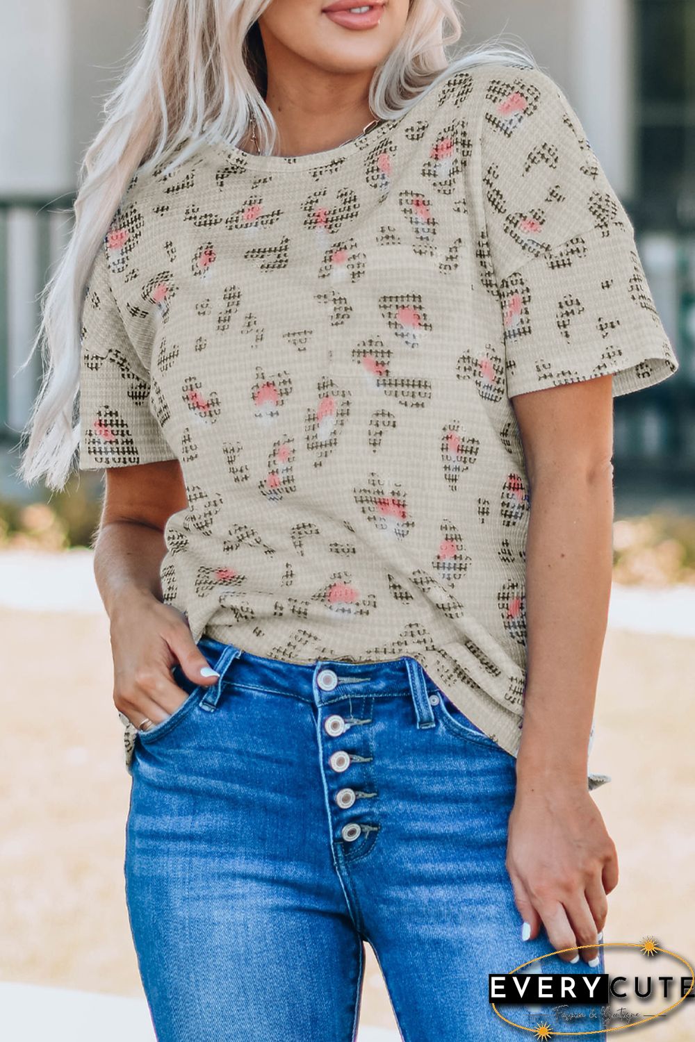 Leopard Waffle Knit Short Sleeve Top