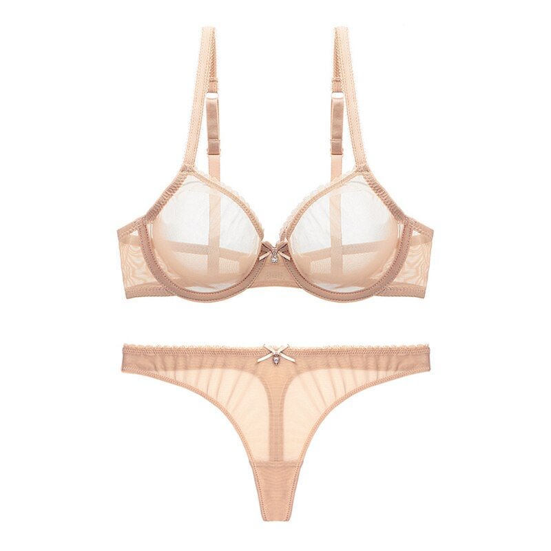 Varsbaby sexy lace unlined underwear set solid transparent three quarters yarn thong bra set