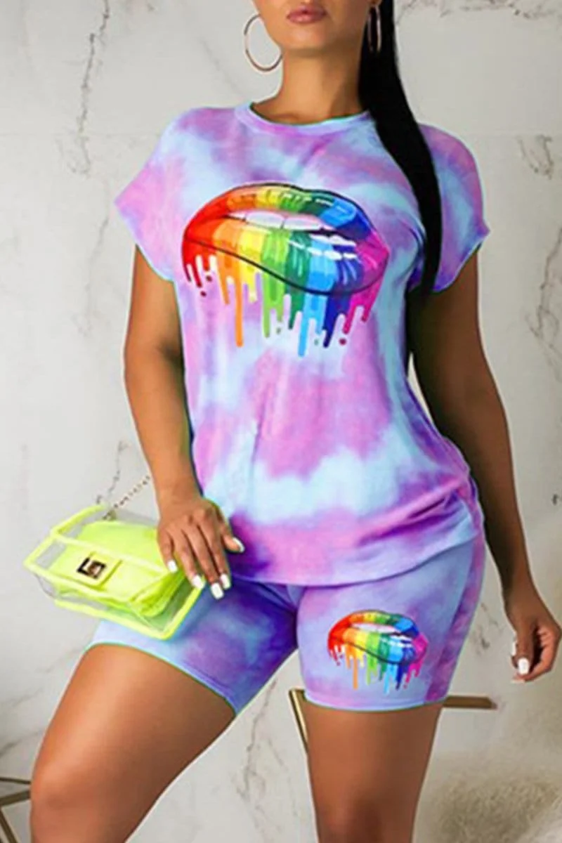 Casual Lips Tie-Dyed Short-Sleeved Sports Set