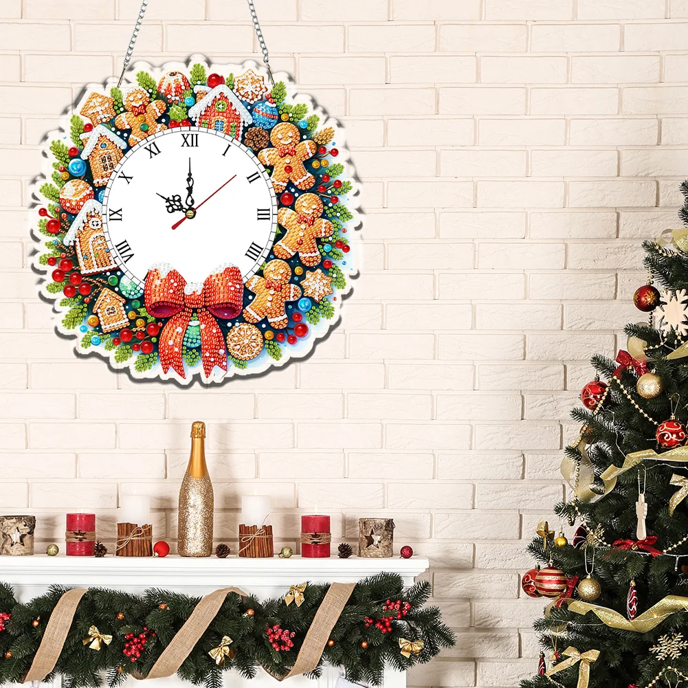 2D Flat DIY Christmas Gingerbread Man Acrylic Diamond Painting Clock Pendant