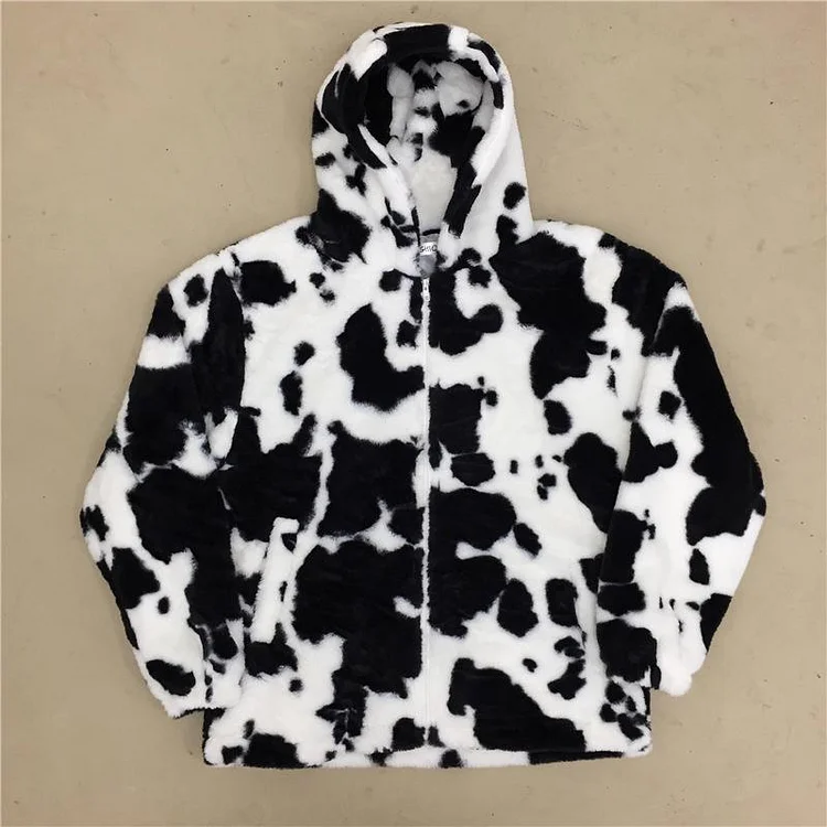 Cow Print Loose Plush Coat