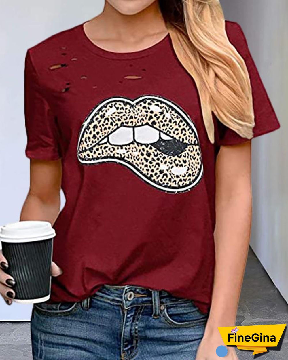 Short Sleeve Lip Leopard Print T-shirt P14771