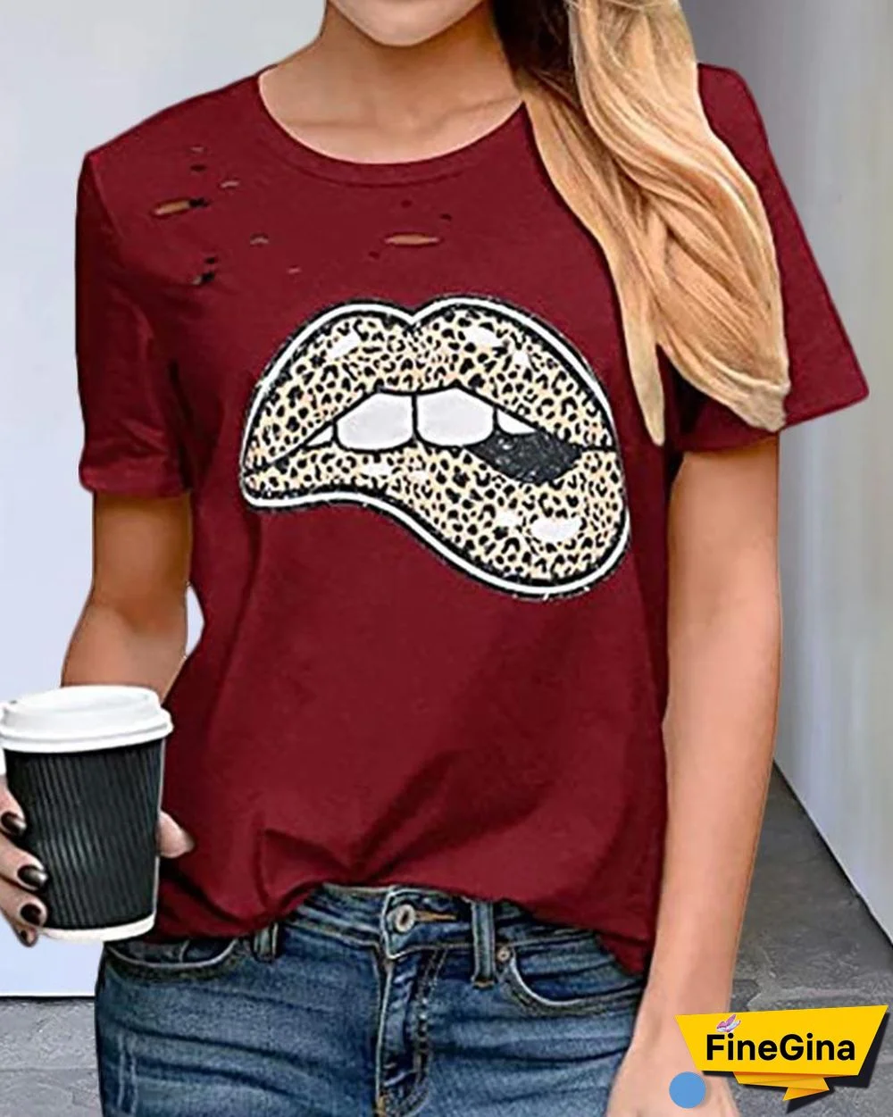 Short Sleeve Lip Leopard Print T-shirt P14771