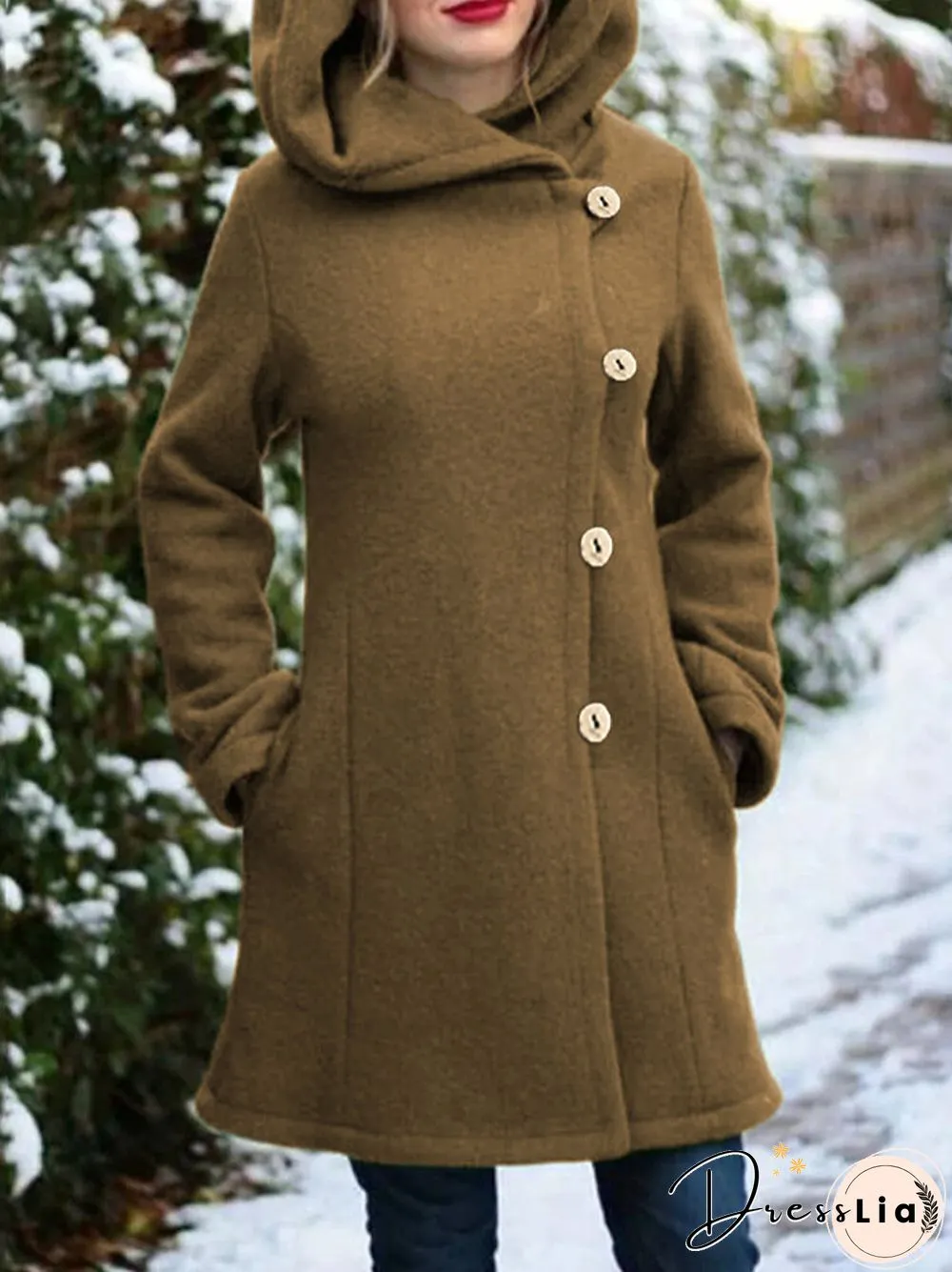 Solid Color Long Sleeves Hooded Warm Coat With Pocket For Women