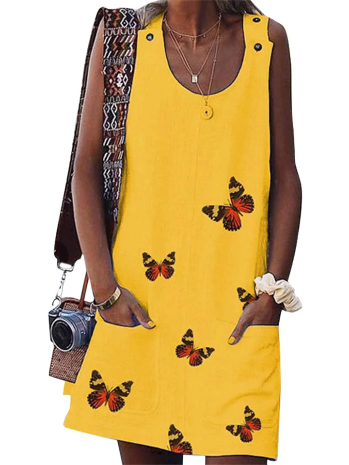 New Butterfly Fashion Print Double-breasted Sleeveless Dress Loose Waist Pocket Fresh Sweet Women's Dresses-Cosfine