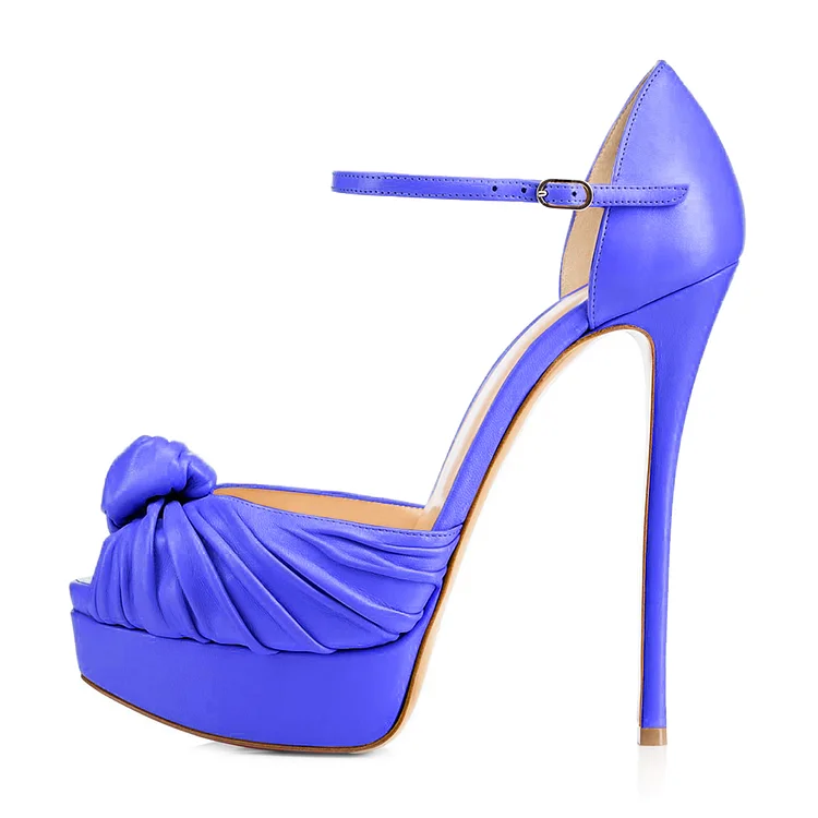 Medium Slate Blue Tie Peep Toe Stiletto Heels Platform Sandals |FSJ Shoes