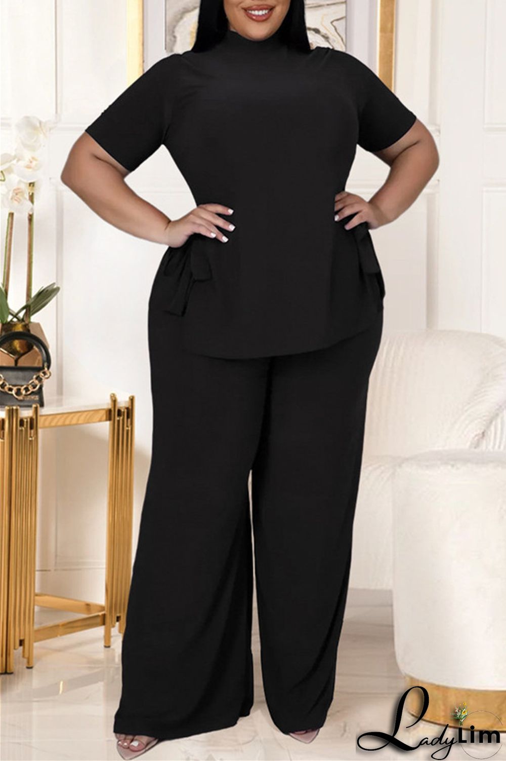 Black Fashion Casual Solid Bandage Slit Turtleneck Plus Size Two Pieces