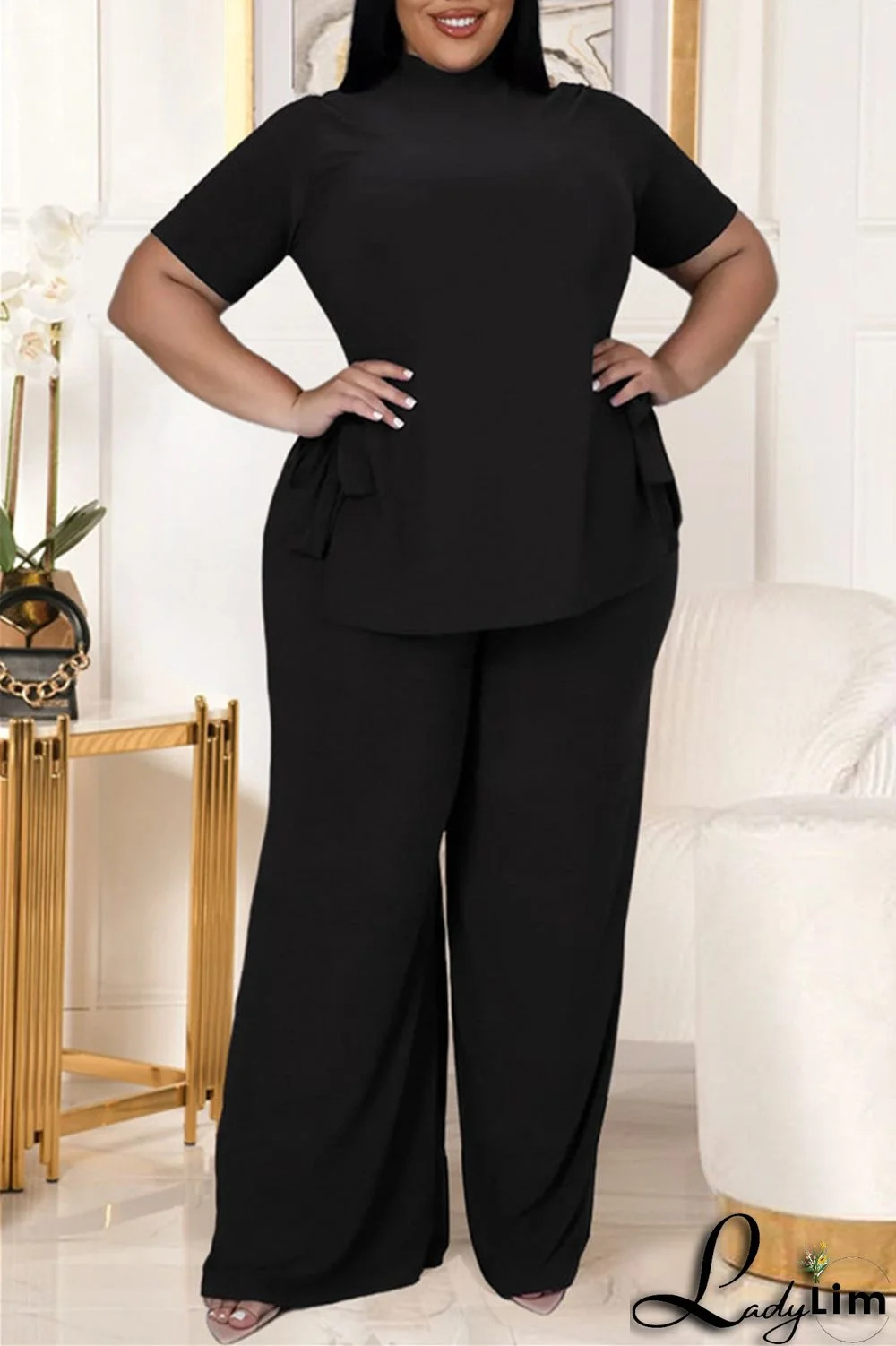 Black Fashion Casual Solid Bandage Slit Turtleneck Plus Size Two Pieces