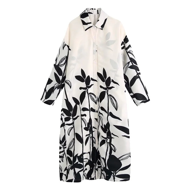 TRAF Women Chic Fashion Oversized Printed Midi Dress Vintage Long Sleeve Button-up Female Dresses Vestidos Mujer