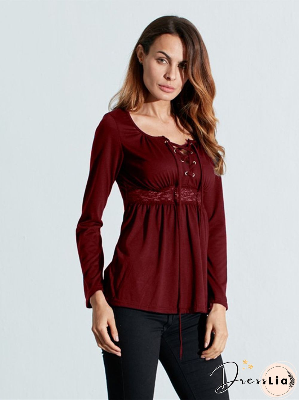 Women V-Neck Lace-up Floral Peplum Long Sleeve Shirts