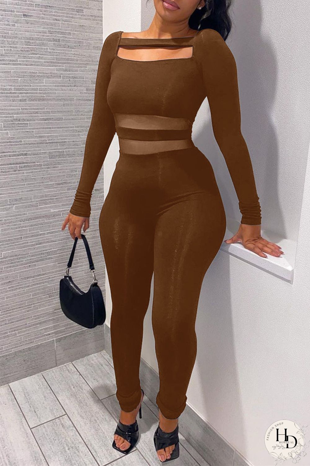 Black Fashion Casual Patchwork Solid Hollowed Out O Neck Skinny Jumpsuits