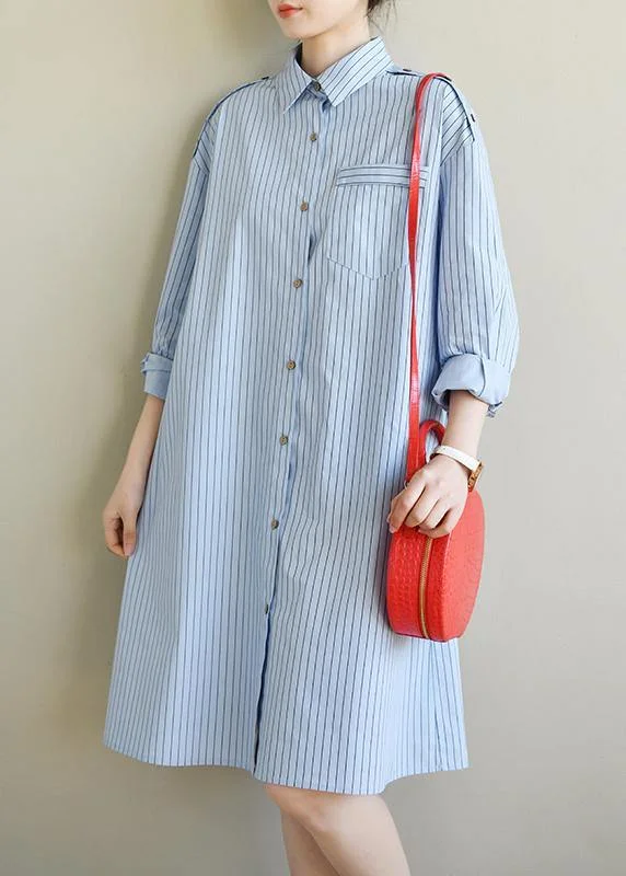 Casual Blue Striped Cotton Long sleeve Spring Dresses
