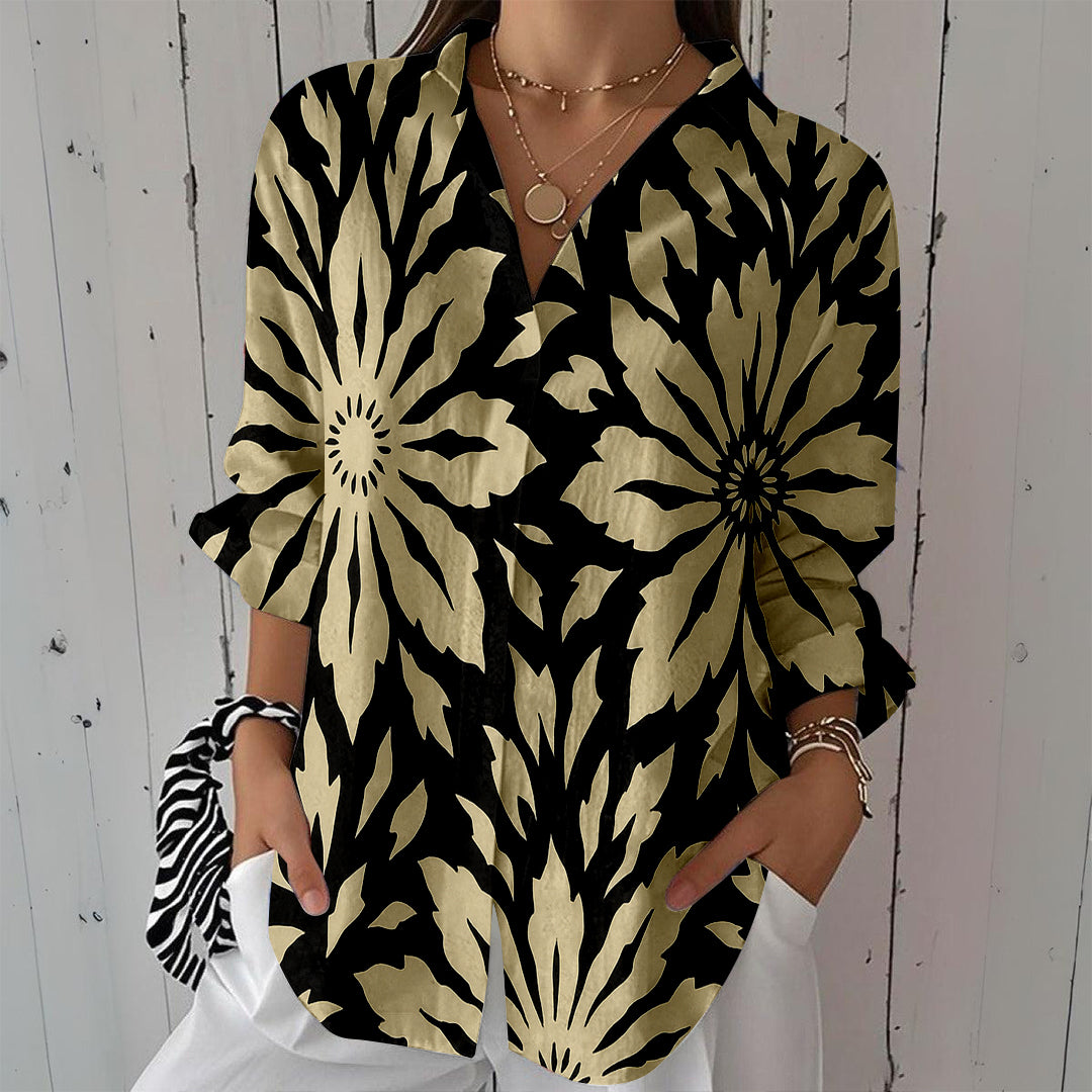 Women Long Sleeve V-neck Graphic Floral Printed Top