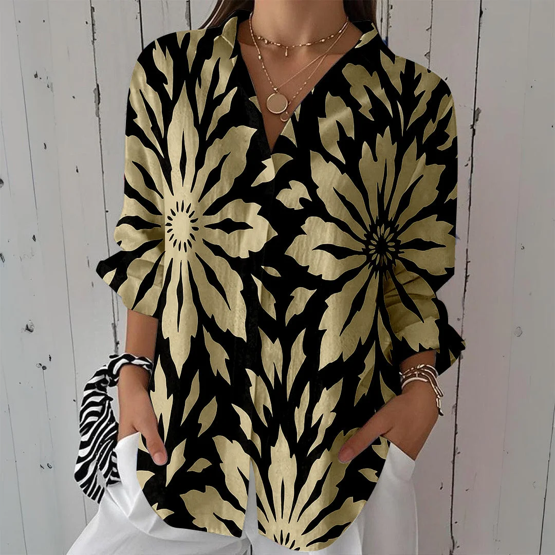 Style & Comfort for Mature Women Women Floral, Black, Khaki DZCL0134 3/4 Sleeve Shirt Collar Printed Button Tops