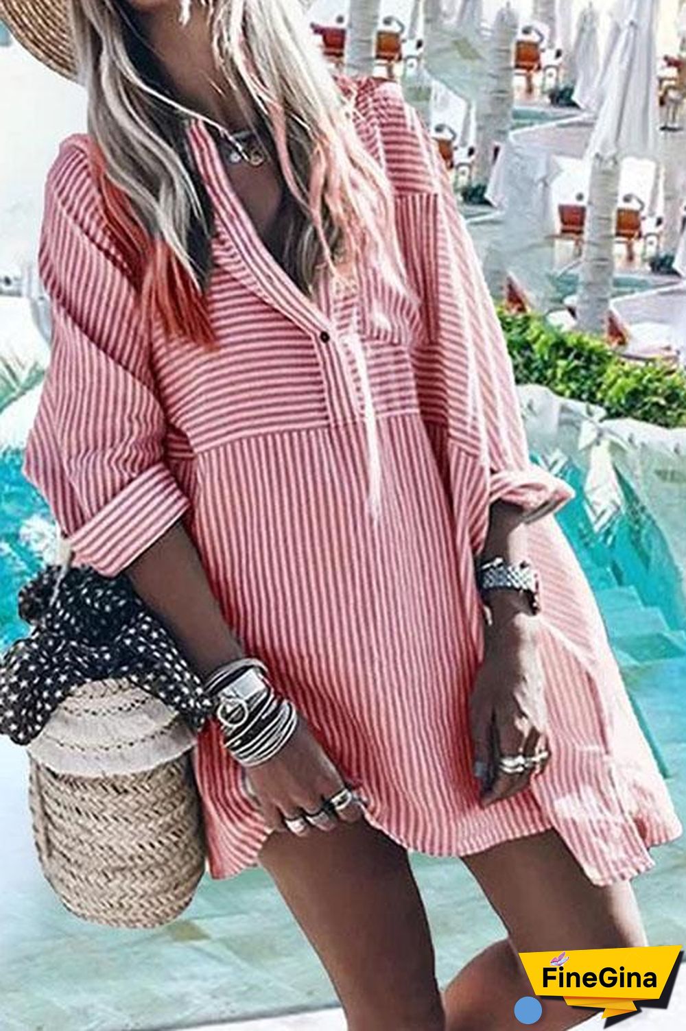 Street Fashion Striped Shirt Dress