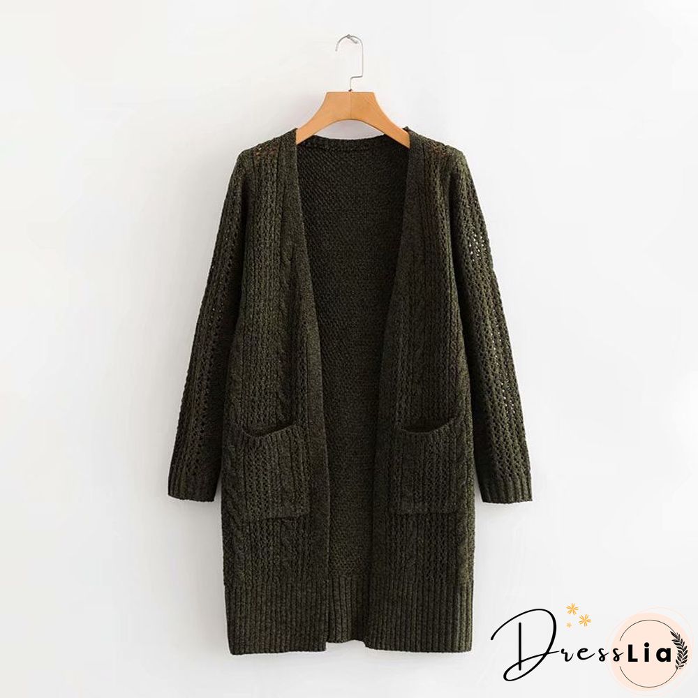 Elegant Hollow Out Braided Long Cardigan Sweater Coat With Hood