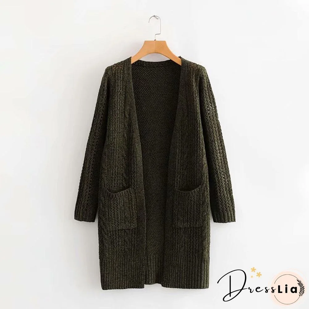 Elegant Hollow Out Braided Long Cardigan Sweater Coat With Hood