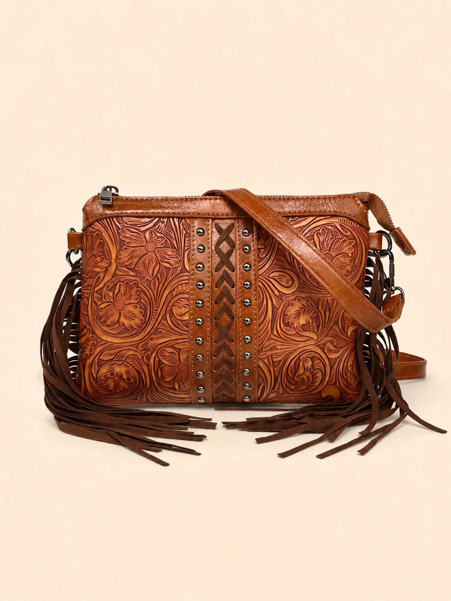 Ideal for American Western Road Trips &mdash; Obsidian Black High-End Dark Romantic Leather-Trim Drawstring Fringe Backpack