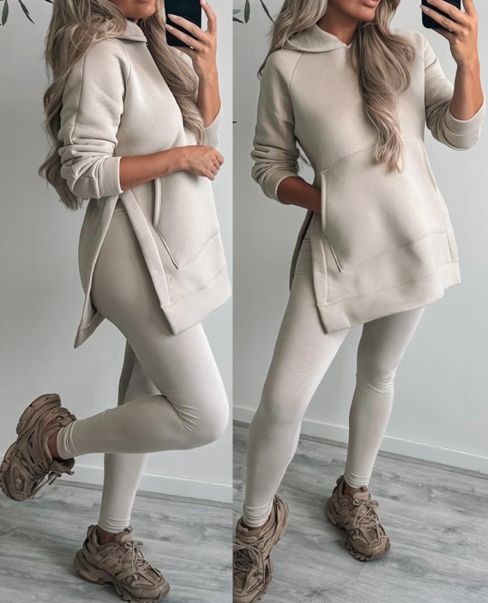 Winzsparks Two Piece Set Women Outfit 2025 Autumn Fashion Side Slit Kangaroo Pocket Design Long Sleeve Hoodie & Skinny Leggings Pants Set