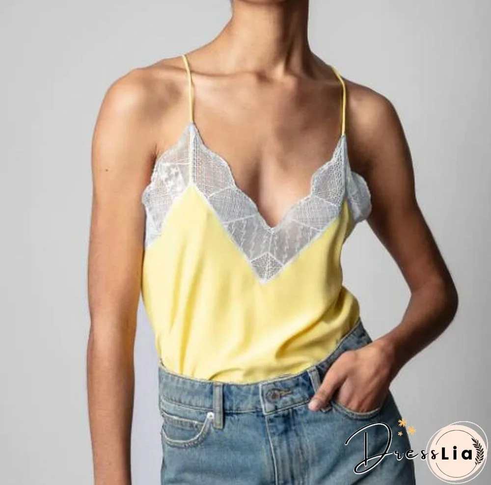 Silk Women New Style Romantic Neckline Exquisite Lace Stitching Letter Printing Girls Camis Vest