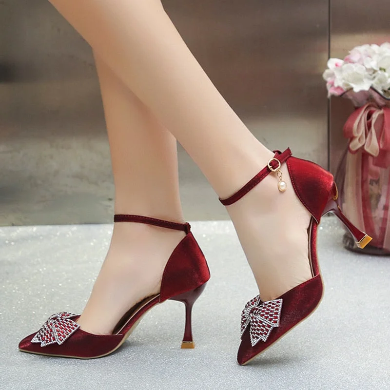 Elegant Ladies Ankle Strap Pumps Crystal Bow Stiletto High Heels Shoes Woman Sexy Pointed Toe Silk Wedding Shoes For Women Bride