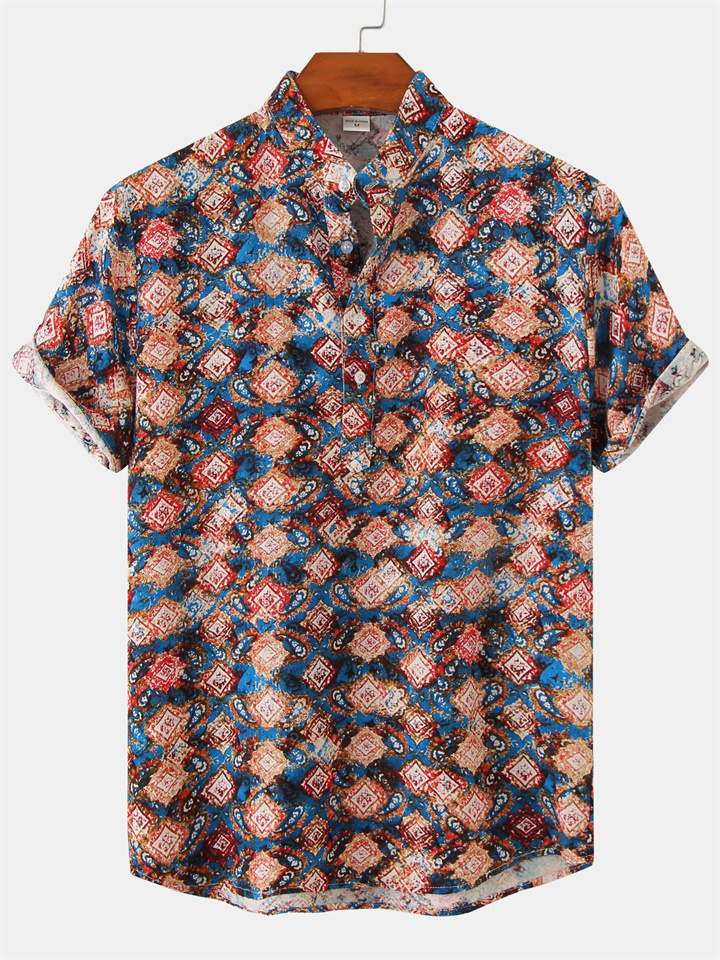 Summer New Flower Beach Short-sleeved Shirt Camouflage Printing Stand-up Collar Slim Type Shirt Men's Clothing