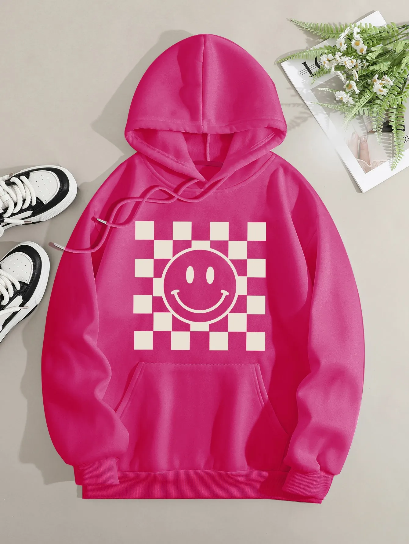 Printed on front Kangaroo Pocket Hoodie Long Sleeve for Women Pattern Smile Face