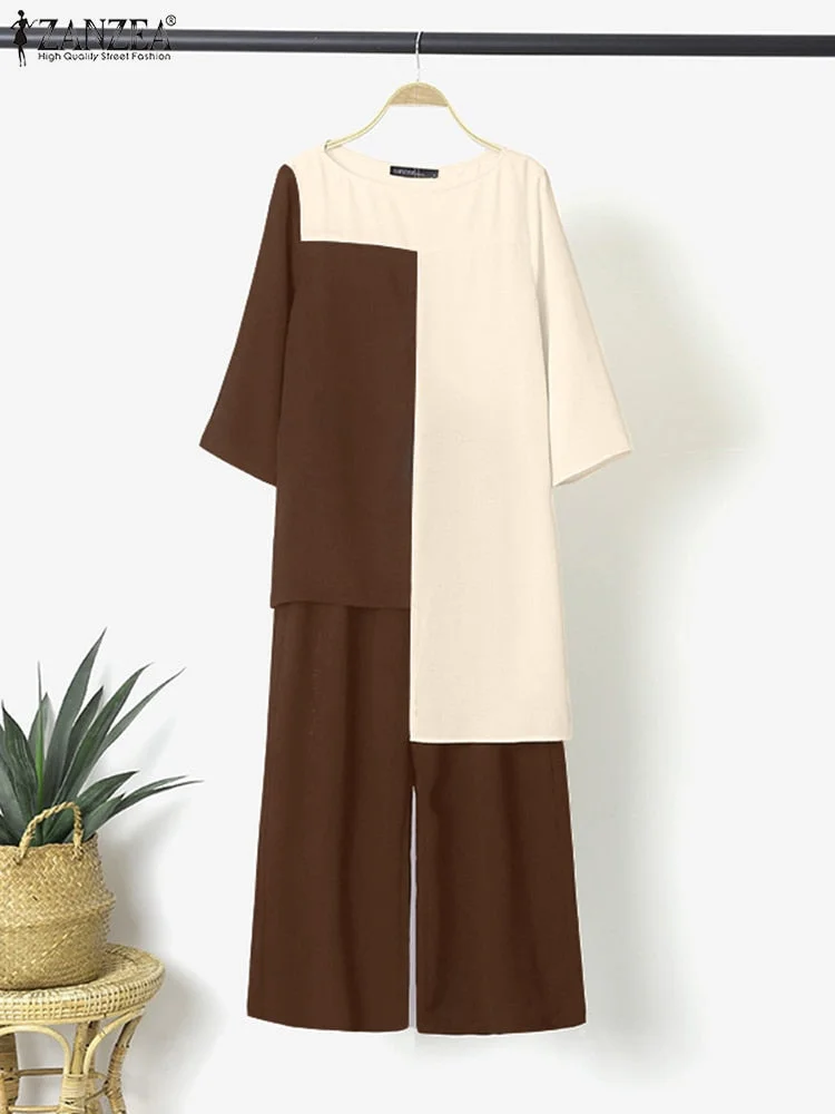 ZANZEA Two Piece Sets Womens Urban Tracksuit Elegant 3/4 Sleeve Patchwork Blouse Pant Sets Fashion Spring OL Work Suits Outifits